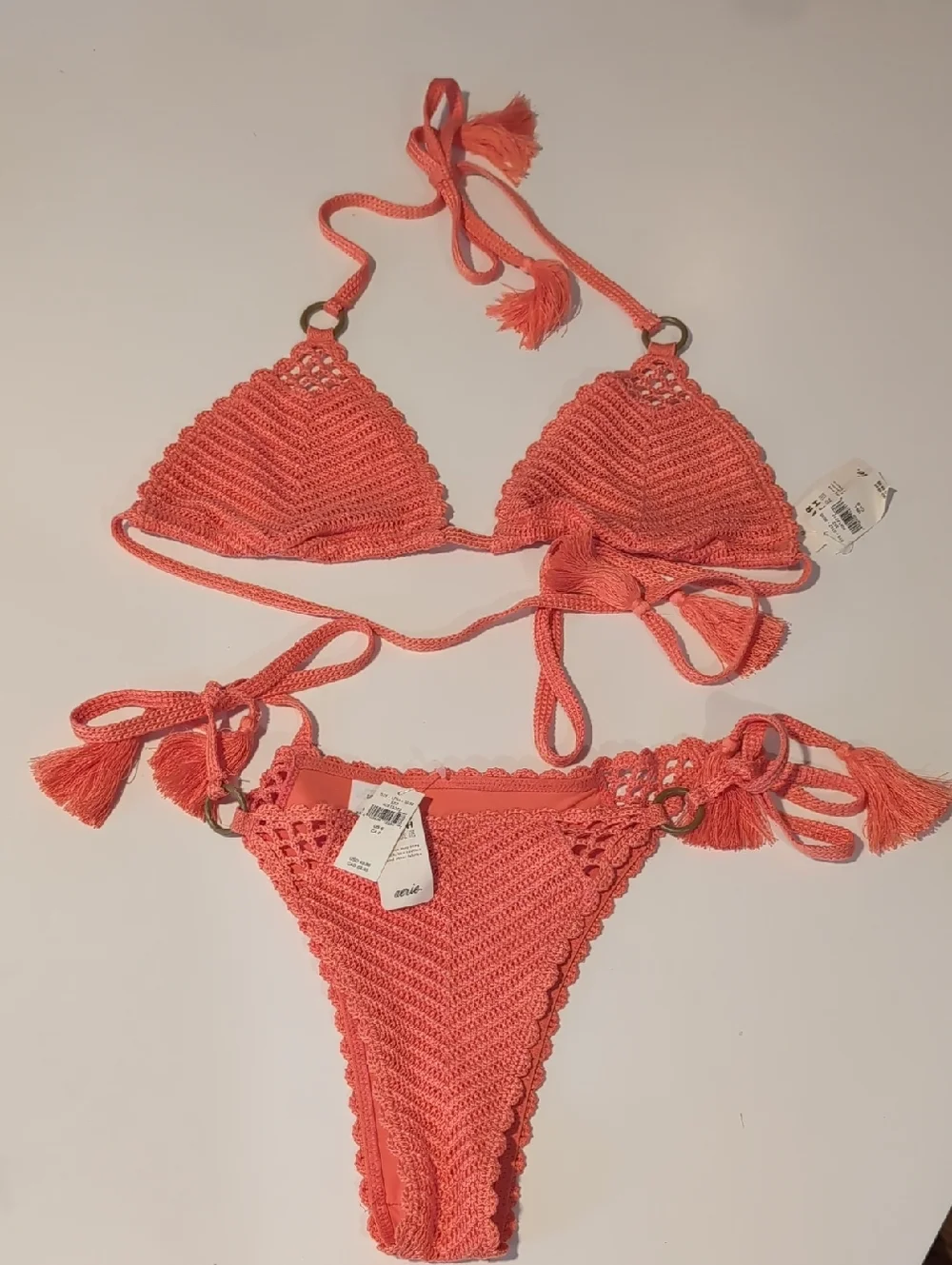 aerie Coral Crochet Triangle Bikini Set - Picture 1 of 7